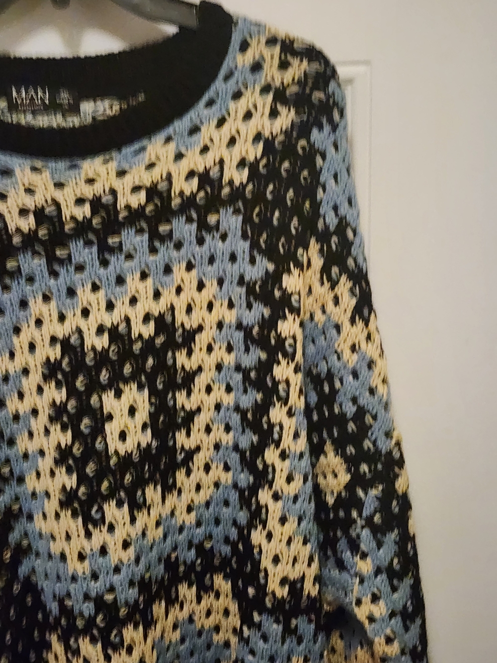 Boohoo Man  Crochet-Style Crewneck Sweater in Blue, Black & Cream - Picture 10 of 10